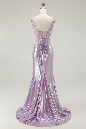 Sirène lilas spaghetti bretelles Applique perlé longue Robe de soirée avec fente
